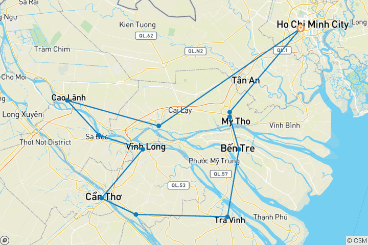 Kaart van Avontuurlijke fietstocht langs de Mekongdelta - 4 dagen