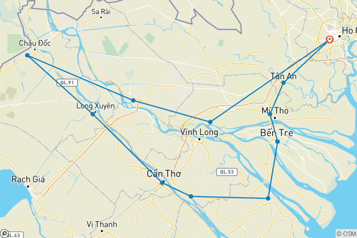 Karte von Radfahren Mekong Delta in Vietnam 5 Tage