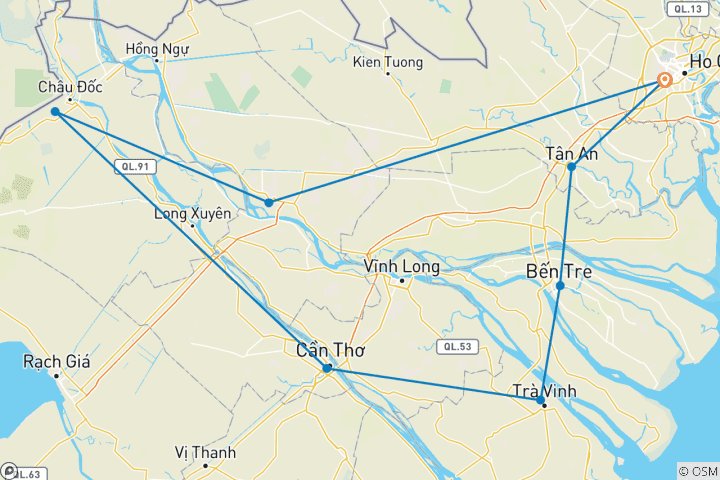Carte du circuit Cyclisme dans le delta du Mékong au Vietnam 5 jours