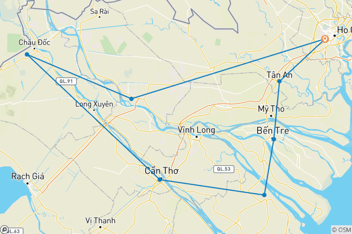 Map of Cycling Mekong Delta in Vietnam 5 Days