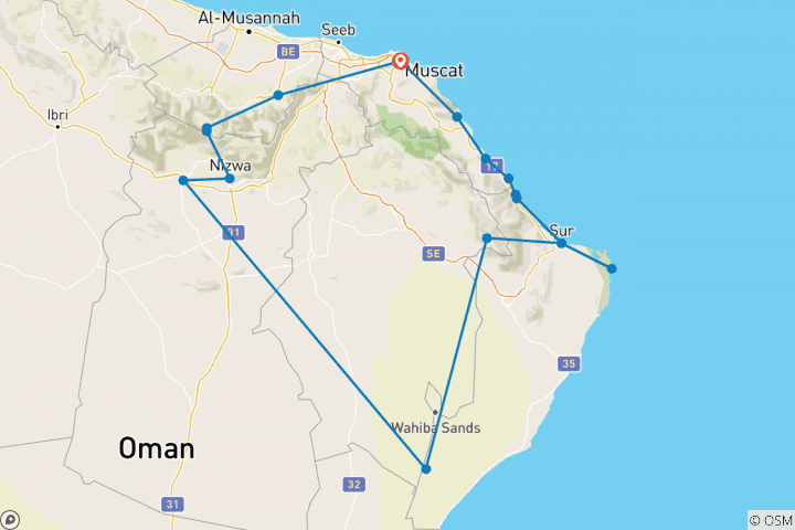 Kaart van Fantastisch Oman - rondreis door Oman - 4 dagen