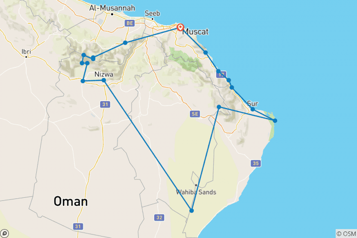 Map of Muscat Jewels 5 Days – Oman Tour Package