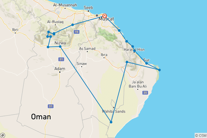 Map of Treasures of Oman 6 Days – Oman Tour Package