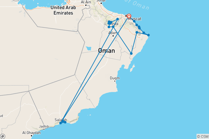 Map of Grand Nights of Oman 10 Days – Oman Tour Package