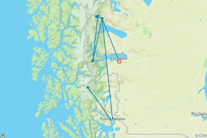 Map of Patagonia: Torres Del Paine ‘O’ Trek & El Chaltén – 13 Days