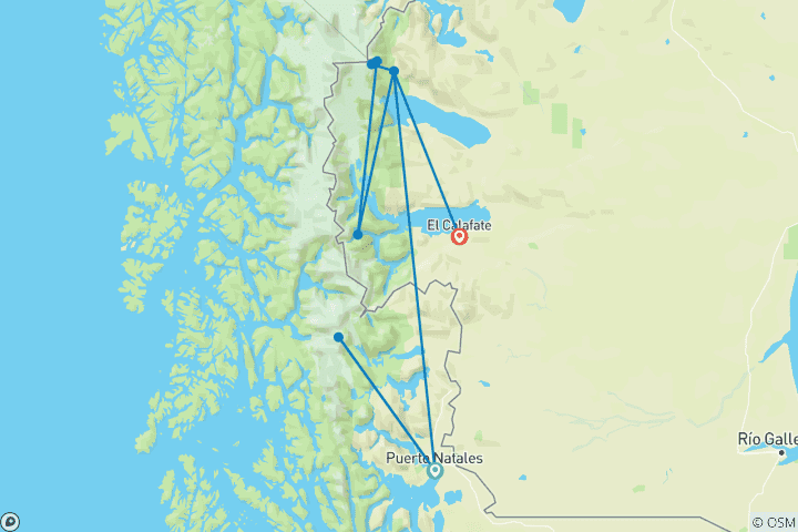 Map of Patagonia: Torres Del Paine ‘O’ Circuit & El Chaltén – 13 Days