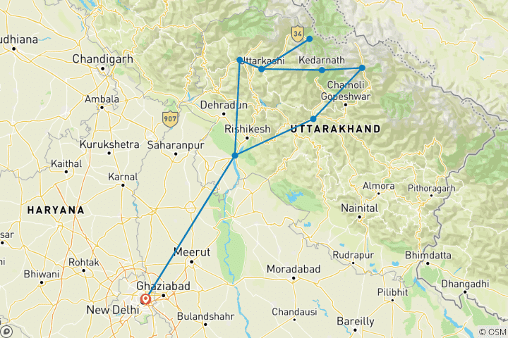 Map of Chardham Yatra Pilgrimage Tour from Delhi