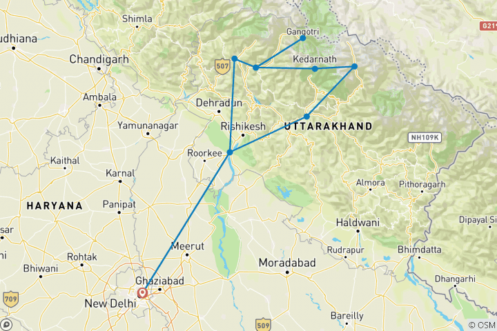 Map of Char Dham Pilgrimage Tour from Delhi