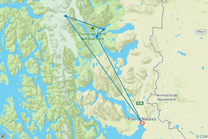 Map of Patagonia: ‘O’ Circuit Trek (Camping Service)