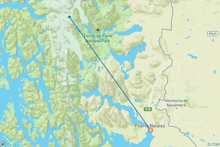 Map of Patagonia: Torres Del Paine ‘O’ Trek – 8 Days