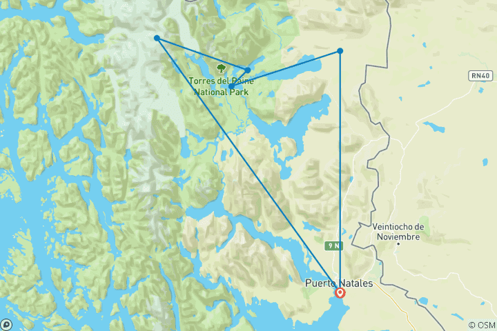 Mapa de Patagonia: circuito "W" Torres del Paine - 5 días