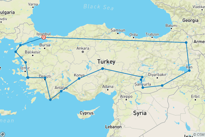 Karte von Ost- und Westtürkei Privatreise ab Istanbul 17 Tage