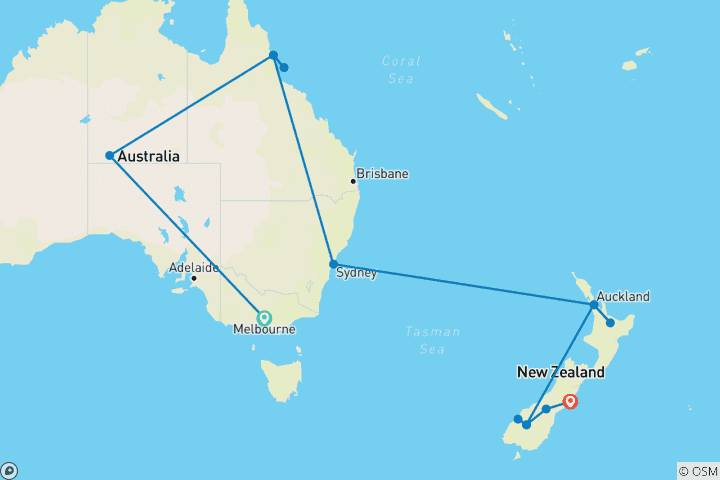 Map of Highlights of Australia and New Zealand (22 Days)