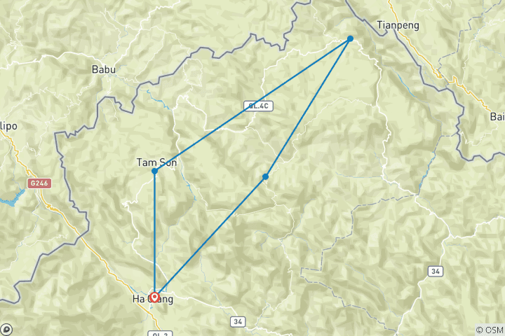 Map of Ha Giang Motorbike Tour 4 days 3 nights