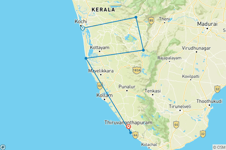 Mapa de Vacaciones de lujo en Kerala 10 días