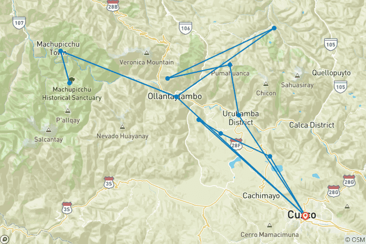 Kaart van 07-daagse Heilige Vallei + Lares trekking naar Machupicchu