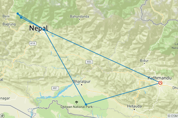 Kaart van Rondreis in Nepal – Ghorepani Trek & safari in Chitwan