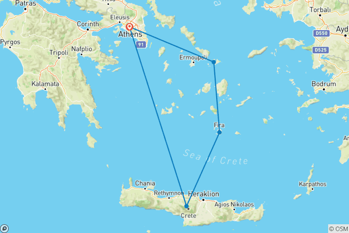 Carte du circuit Circuit de 10 jours à Mykonos, Santorin, Crète - Odyssée des îles grecques au départ d'Athènes