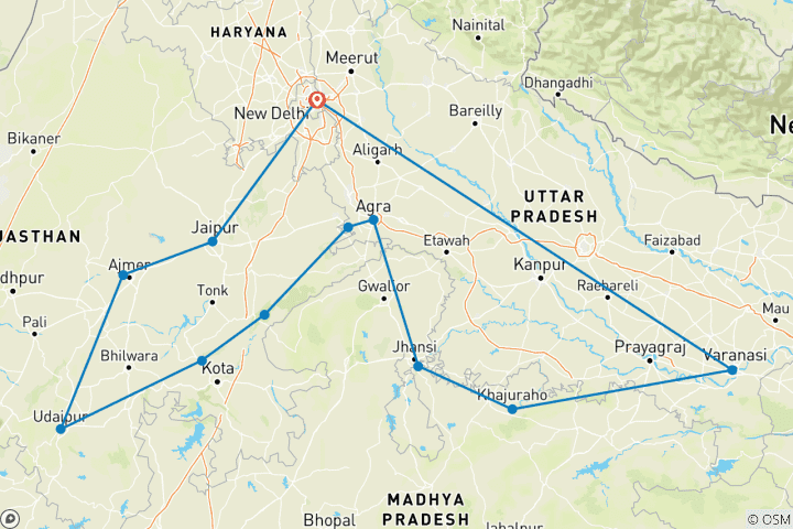 Map of Romantic Rajasthan with Khajuraho Varanasi