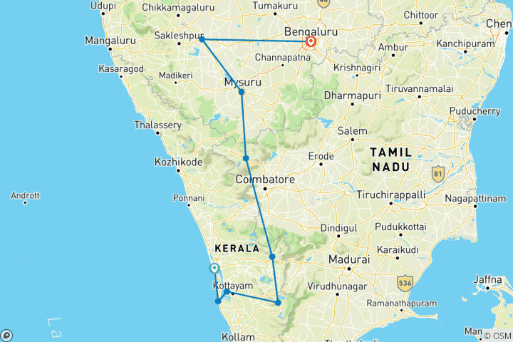 Map of Kerala Backwater Tour with Karnataka