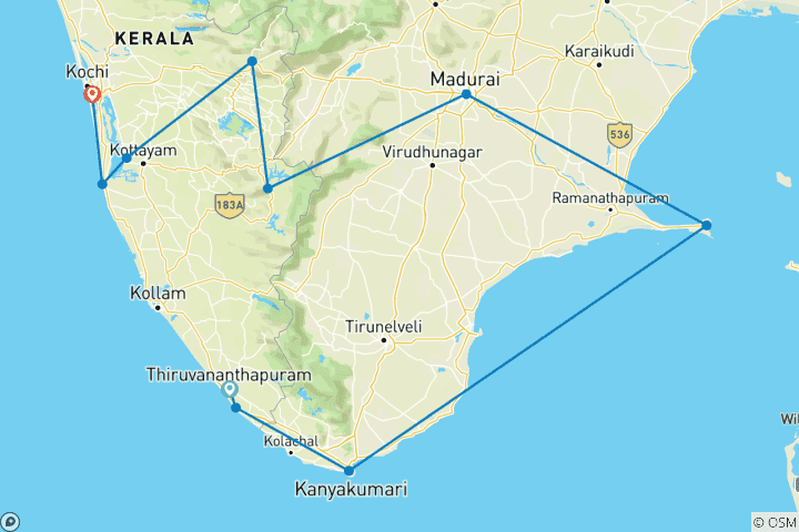 Map of Kerala's Sacred Nature Expedition