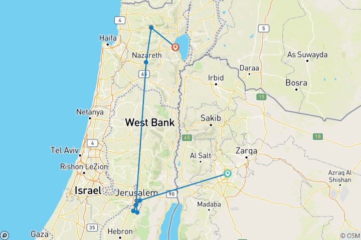 Map of *RANTBU* 3 Days - 02 Nights Tour to Jerusalem, Bethlehem, Nazareth and Galilee from Jordan (from Amman to Tiberias) (JR-JHT-005)