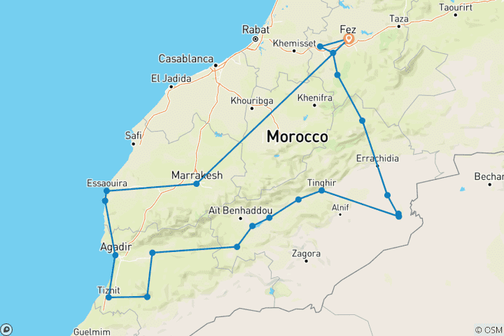 Map of Morocco Adventure Safari 14 Days 13 Nights (Comfort Plus)