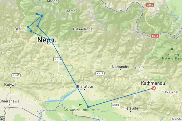 Kaart van Annapurna Basiskamp Trek met Chitwan Nationaal Park - 14 dagen