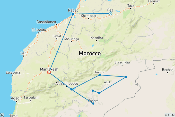 Map of Morocco Discovery from Fez 9 Days 8 Nights