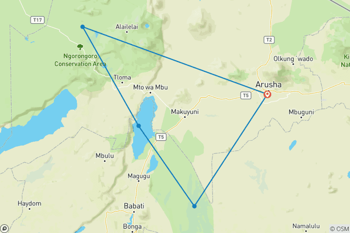 Map of 3 Days Ngorongoro,Lake Manyara, Tarangire National Parks