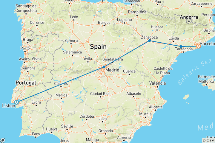 Mapa de Lisboa, Madrid y Barcelona (5 destinations)