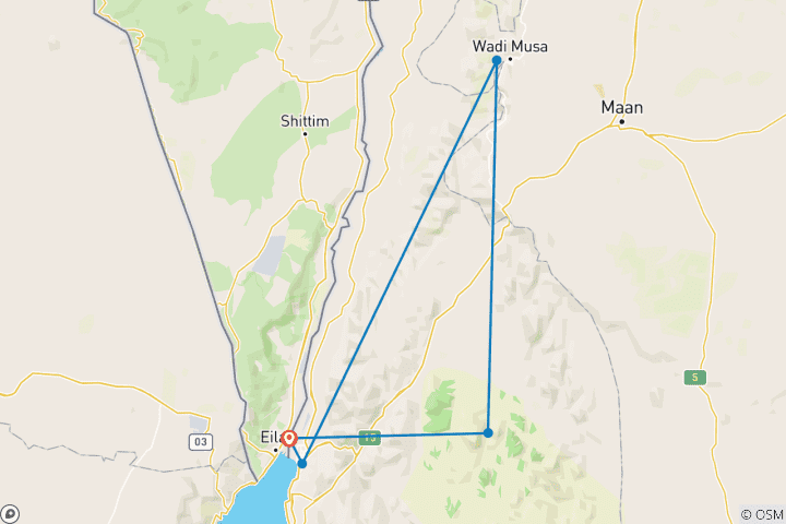 Mapa de *RAU* Jordania Joyas Rojas del Sur Excursión de 4 días y 3 noches (Wadi Rum, Petra y Aqaba) desde la frontera de Eilat (ELT-JHT-009)