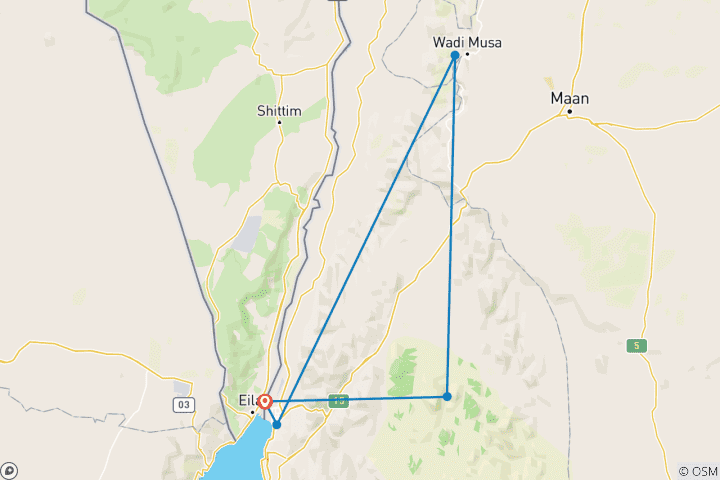 Carte du circuit *RAU* Jordanie - Joyaux rouges du Sud - Circuit de 4 jours et 3 nuits (Wadi Rum, Petra et Aqaba) au départ de la frontière d'Eilat (ELT-JHT-009)