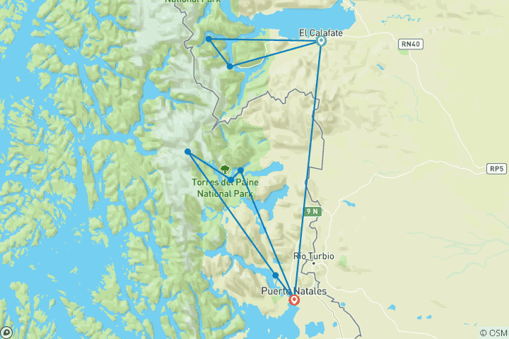 Kaart van Argentinië en Chili: Calafate & Puerto Natales - 5 dagen