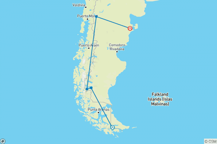 Map of Argentina: Ushuaia, Calafate, Bariloche & Puerto Madryn or Viceversa - 9 days