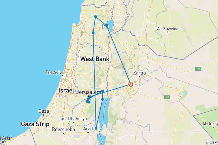 Map of RAU* - 4 Days - 03 nights Tour to Jerusalem , Jericho, Qumran, Masada , Nazareth and Galilee from Amman & Jordan (13 destinations)