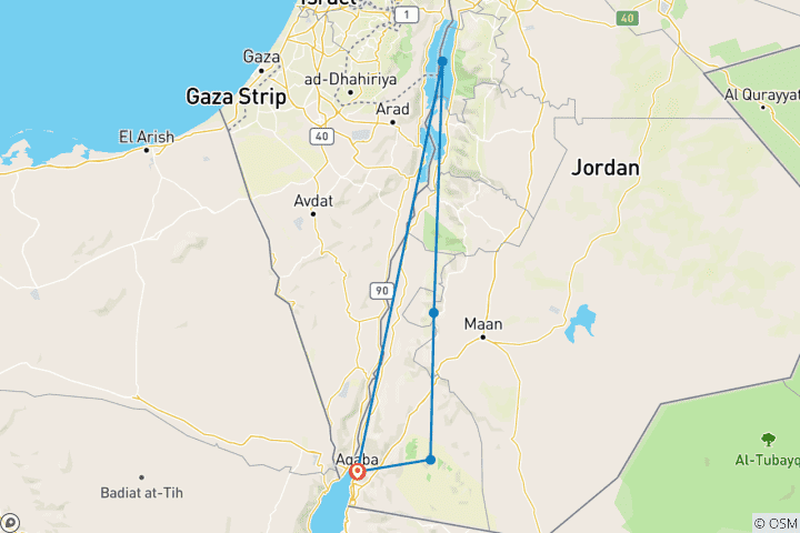 Carte du circuit 5 jours 4 nuits Circuit du meilleur du sud de la Jordanie au départ de l'aéroport d'Aqaba (AQAPT-JHT-002)