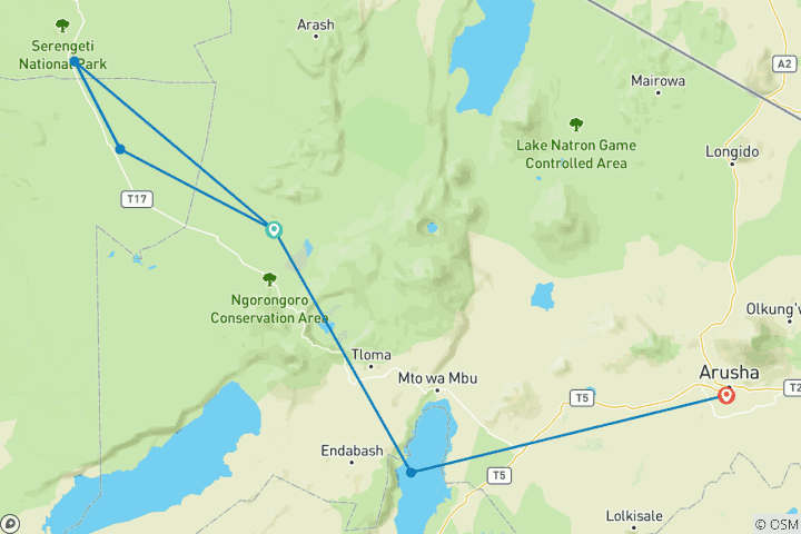 Kaart van 4Dagen/3Nachten Serengeti, Ngorongoro & Lake Manyara