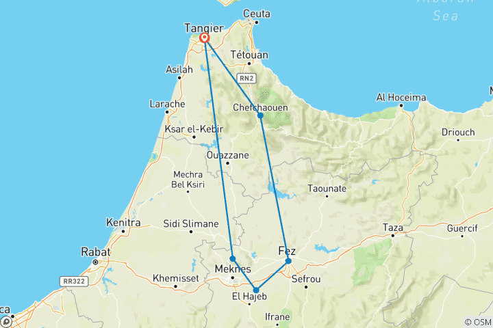 Kaart van 3-daagse rondreis van Spanje naar Marokko