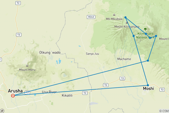 Map of Mt. Kilimanjaro via Machame Route - 8 days budget camp