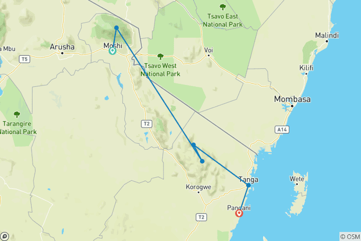 Map of Cycling from Kilimanjaro to the Indian Ocean