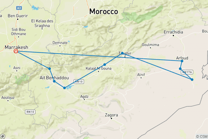 Kaart van Trektochten in Marokko: Sahara Avontuur - 4 Dagen