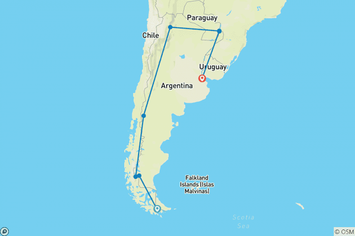 Map of Argentina: Ushuaia, Calafate, Bariloche, Salta, Iguazú & Buenos Aires or Viceversa - 14 days