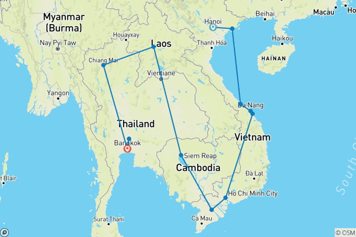 Carte du circuit Circuit privé personnalisé en Indochine au Vietnam, au Cambodge, au Laos et en Thaïlande