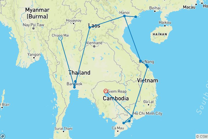 Map of Customized 22 Days Private Indochina Tour of Vietnam, Cambodia, Laos & Thailand