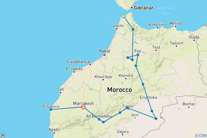 Kaart van 10 dagen van Tanger naar de woestijn en Marrakech