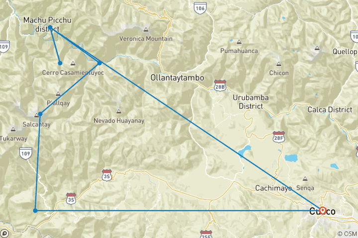 Map of Salkantay Nevada Trek to Machu Picchu - 5 Days