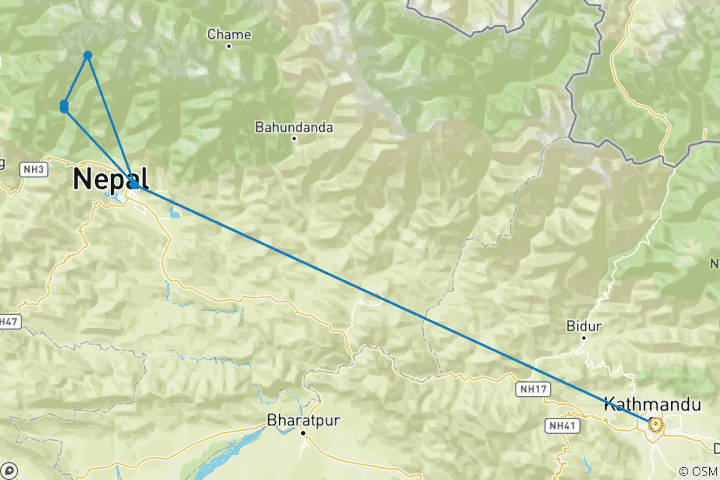 Kaart van Annapurna Base Camp Trek 9 dagen