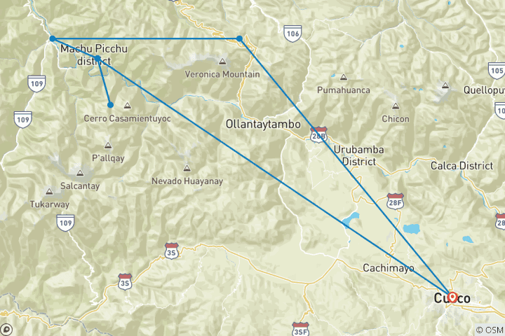 Mapa de De las termas de Cocalmayo a Machu Picchu