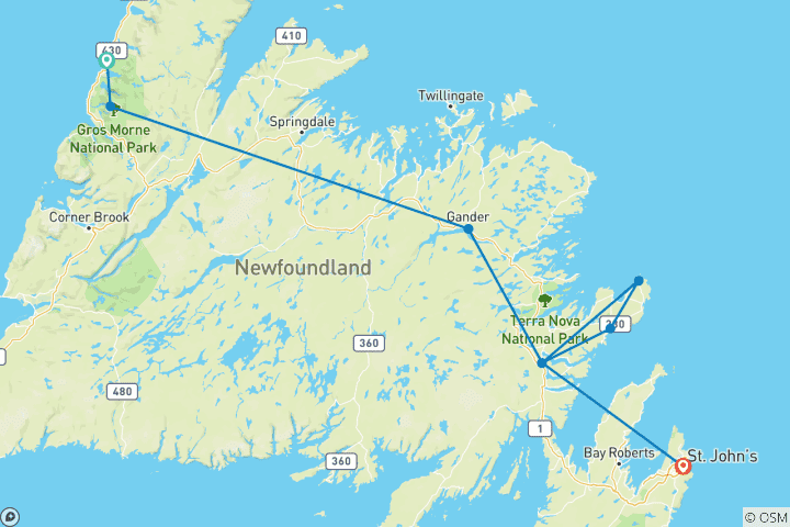 Carte du circuit Exploration de Terre- Neuve à partir de Corner Brook